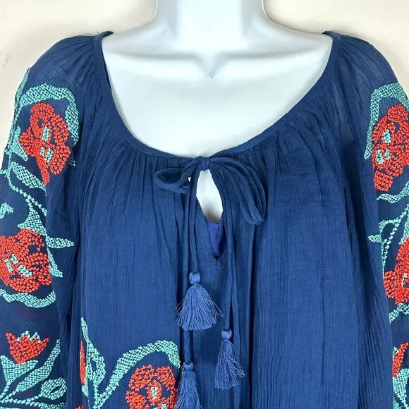 Trina Turk Blue Embroidered Boho Cotton Lined Floral Tunic Dress Size 6 NEW - Picture 12 of 15